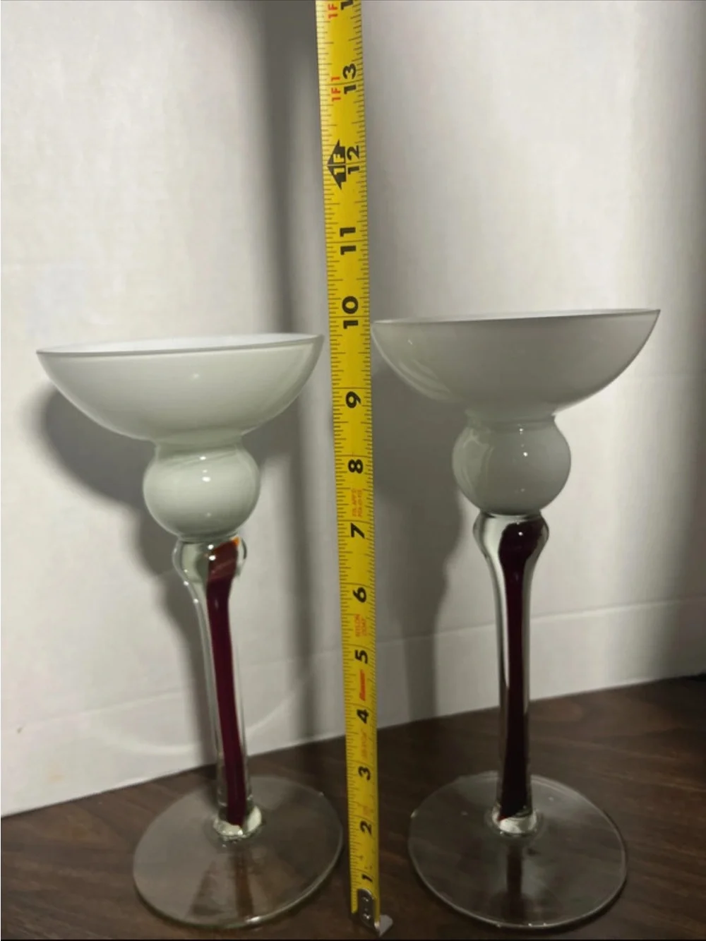 White Glass Candle Holders with Burgundy Stem - Home Accents